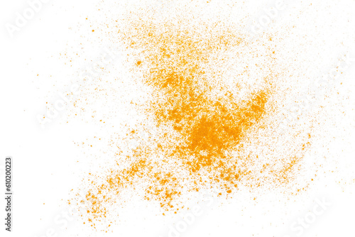 Turmeric scattered powder pile isolated on white, top view