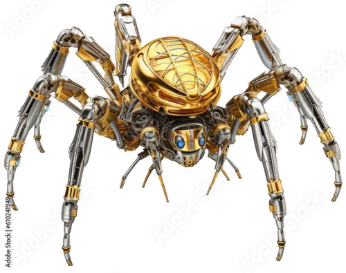 Golden robotic spider isolated on a white background, generative AI