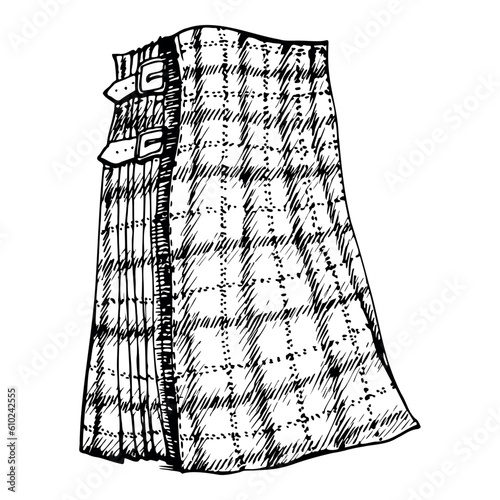 Ink hand drawn vector sketch of isolated object. traditional scottish menswear, pleated wool garment, tartan cloth kilt. Design for tourism, travel, brochure, guide, print, card, tattoo, fashion.