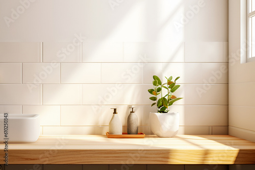 Modern sustainable bathroom interior with bath accessories and potted plant on wooden table opposite white tile wall. Concept scene stage for montage new product and promotion sale. Generative AI