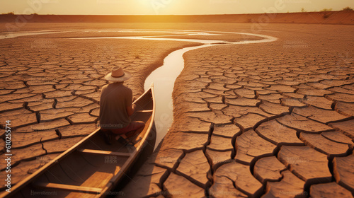 Young man paddle a boat at dry cracked earth hot weather of the sun, Drought and water crisis. Generative AI