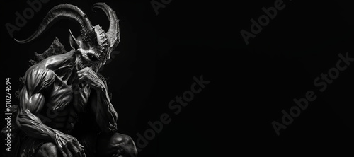 Black and white photorealistic studio portrait of the demonic being lucifer the devil concept on black background