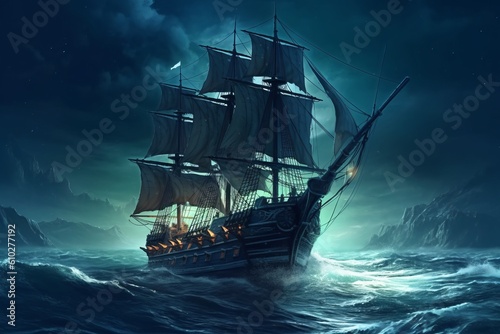 Huge pirate ship in the storming sea at night. Beautiful illustration picture. Generative AI