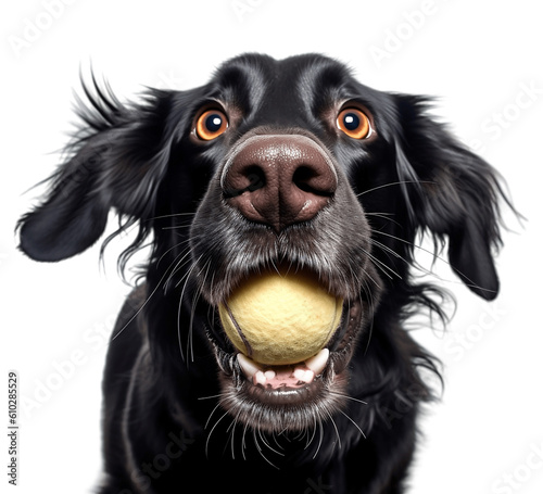 black labrador retriever dog catching tennis ball, no background/transparent background