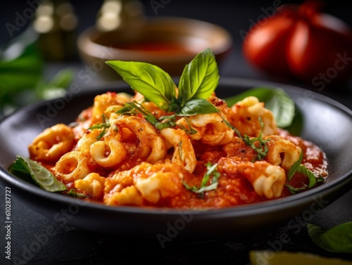 calamari appetizer served with marinara sauce and garnished with basil