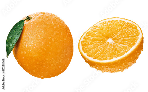 fruta laranja inteira com folhas e laranja cortada isolado em fundo transparente - laranjas frescas molhadas 