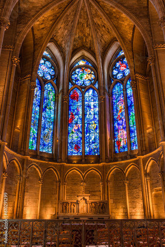 Glass stained windows by Marc Chagall in Reims Cathedral, France