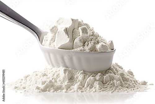 creatine in measuring spoon isolated on white background. Generated by AI.