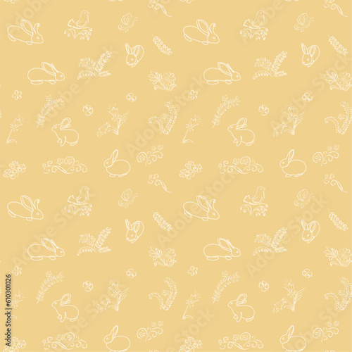 seamless pattern with rabbits and flowers - vector orange background