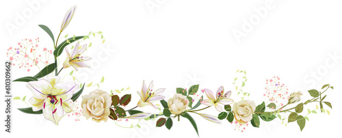 Panoramic view: bouquet of white roses, lilies, spring blossom. Horizontal border for Mothers Day or wedding invitation. Gentle realistic illustration in watercolor style on light background. Vector