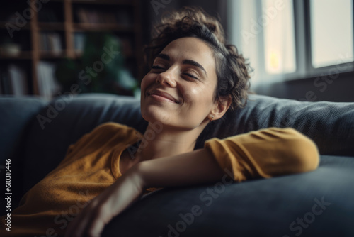 Smiling and relaxed mid-aged woman resting on the sofa in her comfortable home after a hard day at the office. Generative AI