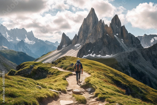 Man hiking on a mountain trail, surrounded by the majestic peaks of nature. This artwork captures the spirit of adventure, perseverance, and the indescribable beauty of mountains. Ai generated