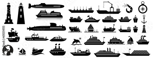 Sea, ship and wave silhouette vector icon illustration collection
