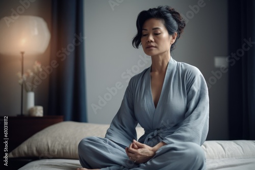 Female Asian middle aged adult meditating living room comfort peace. Generative AI AIG23.