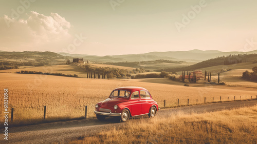 Vintage red car in the Tuscan hills. Tourism and travel concept background. 