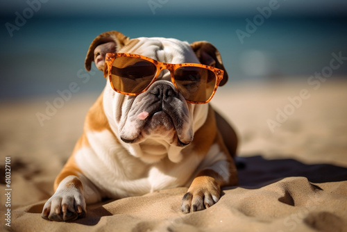 Sweet British English bulldog breed in sunglasses sunbathing at seaside resort sand near sea or ocean water. Vacation rest in hot country beach concept. Generative AI Technology