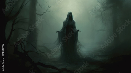 A solitary wraith lurks in the shadows an enigmatic being cloaked in mist and fog. Fantasy art concept. AI generation