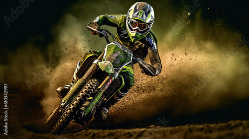 Rider Riding Green Motocross Dirt Bike, make helmet., high contrast. Ai, artificial intelligence,