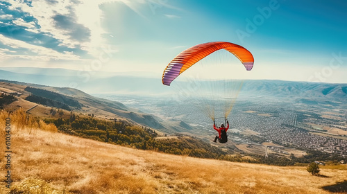 Man flying Back View the paragliding alone at sunny day, adventure concept