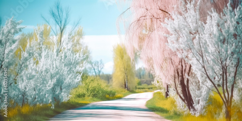 Defocused spring landscape of beautiful nature, trees with flowers and beautiful bright blue sky in the background, sunny day. Generative AI