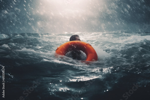 Man in a lifebuoy swimming towards stormy ocean, very dangerous, swimming toward safety. Generative AI