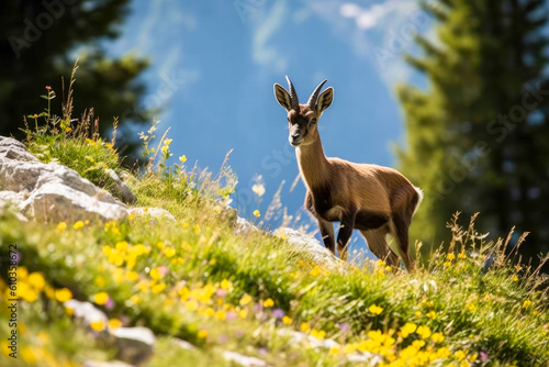 Lightly brown chamois living in the mountains, wildlife exploding in the Alps, beautiful background of the nature. Generative AI