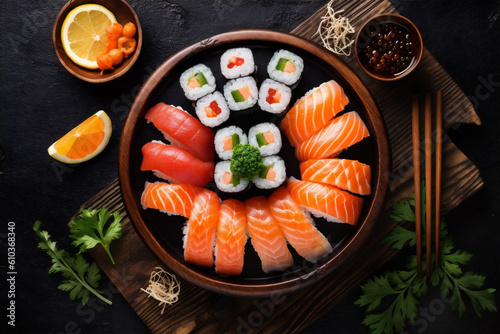 seafood healthy japanese rice sushi fish food roll fresh asian. Generative AI.