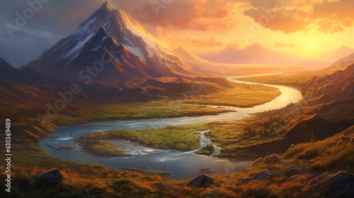 Beautiful colorful landscape with mountains and river at sunrise. Digital painting. Beautiful Fantasy landscape with mountain lake and forest at sunset. Wild nature, AI generated.