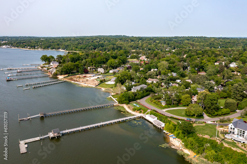 Aerial view, Long Island Coast Plandome, piers manhasset bay drone green