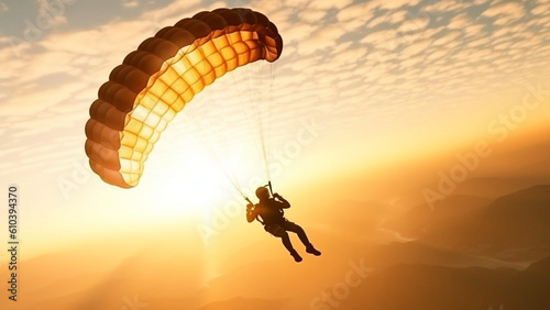 Man jumps with parachute at sunset with Generative AI.