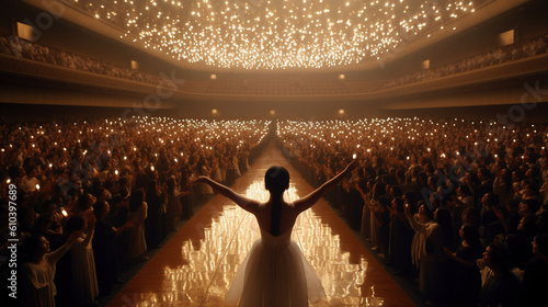 Graceful ballerina performs captivating dance moves on stage in an auditorium, mesmerizing the audience with her elegance, Generative AI