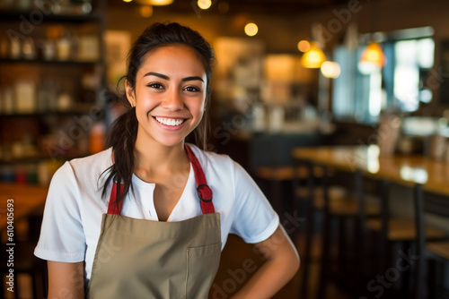 latina waitress at a local cafe smiling into the camera - Generative AI