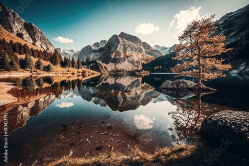 Impressively beautiful Fairy-tale mountain lake in Austrian Alps. vivid scenery. Panoramic view of beautiful mountain landscape in Alps with Grundlsee lake, concept of an ideal resting Generative AI