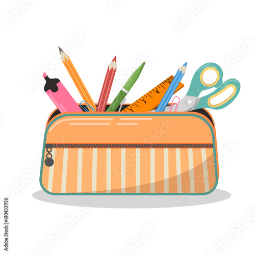 School pencil case with stationery on an isolated background. School inventory vector illustration, school design, sticker design, web elements. Suitable for stickers and design of posters, banners.