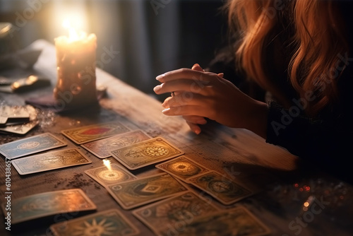 Closeup of a female fortune teller, with an array of mystical tarot cards artistically displayed on a table, alluding to future revelations, generative ai