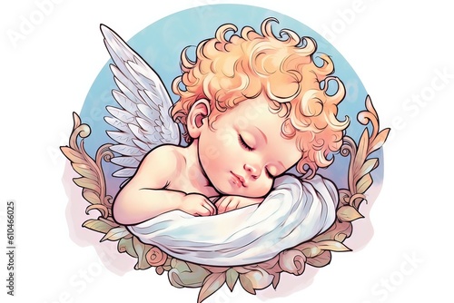 Sleeping cute little angel illustration. AI generated