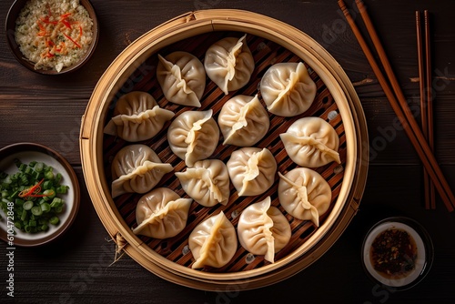 Chinese Dumplings in Wooden Bowl. Tasty and Authentic Asian Gyoza Steamed in Bamboo Steamer, Great as Dim Sum or Japanese Cuisine. Generative AI