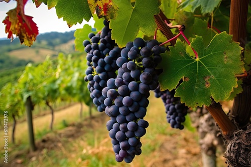 Tempranillo Grapes Maturing on Green Vines in Basque Countryside Vineyard of Winery. Generative AI