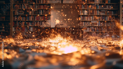 burning library or books, fire and flames, destroy and burn or fire by willful arson