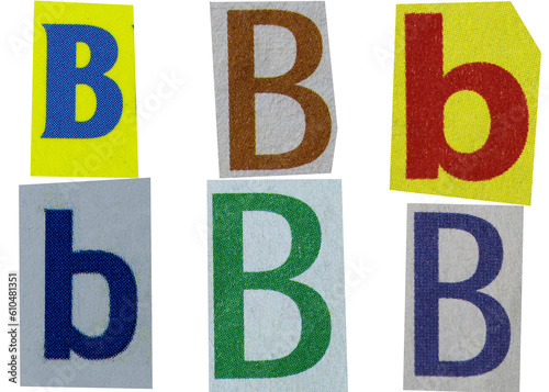 Letter b magazine cut out font, ransom letter, isolated collage elements for text alphabet, ransom note