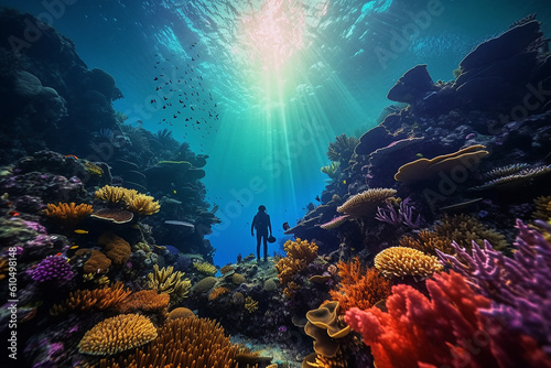 Silhouette of a Diver Under the Sea Underwater Ocean View with Beautiful Colorful Coral Reef