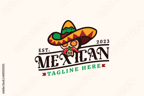 mexican restaurant logo with a combination of a skull, sombrero hat, and herbs in vintage style.