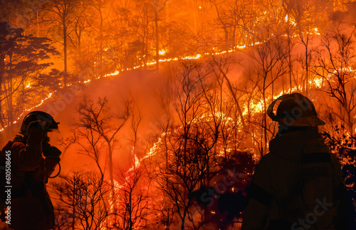 Firefighters battle a wildfire because El nino events , climate change and global warming is a driver of global wildfire trends.