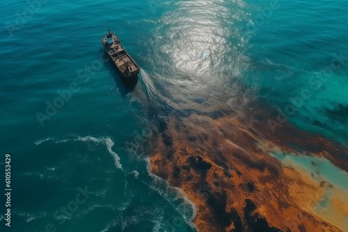 Oil spill pollution polluted water surface water pollution as a result of human activities. industrial chemical contamination. oil spill at sea. Tragedy environmental impact of shipping. Generative AI