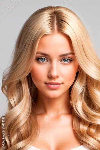 Blonde girl with long and shiny wavy hair on grey background. Beautiful model with curly hairstyle. Generative AI.