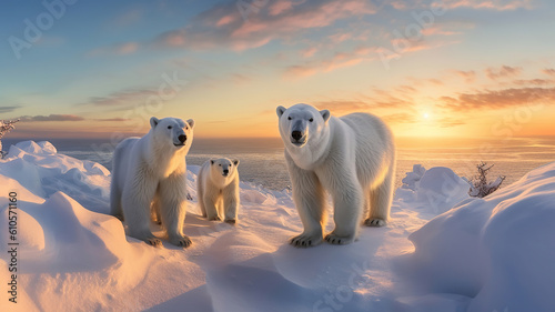 Polar bear family in Canadian Arctic sunset. Generative Ai