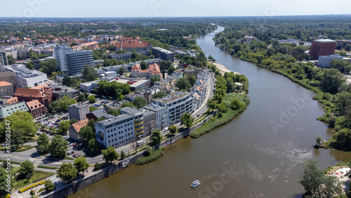 Aerial view, general cityscape of Wroclaw city, Poland. Odra river and buildings.