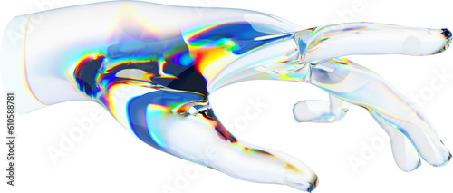 3d glass hand with dispersion transparent background. Rainbow reflex on a glass arm
