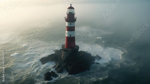 lighthouse on sea surrounded by water. isolation and guidance. generative ai