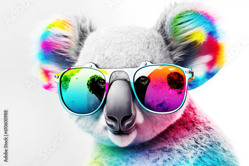 Cartoon colorful koala with sunglasses on isolated background. Created with generative ai